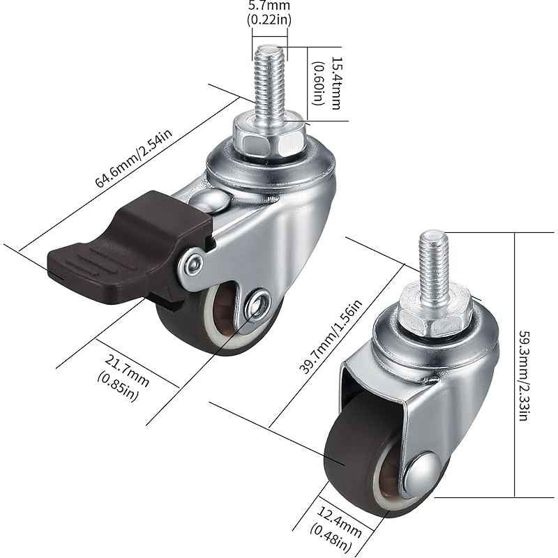 Set Mit 4 Kleinen Lenkrollen Für Möbel, 25 Mm, M6, Mit Bremse, 360° Drehbar, Geräuscharm, Rutschfest, Mit Gewinde, Für Innen- Und Außenmöbel