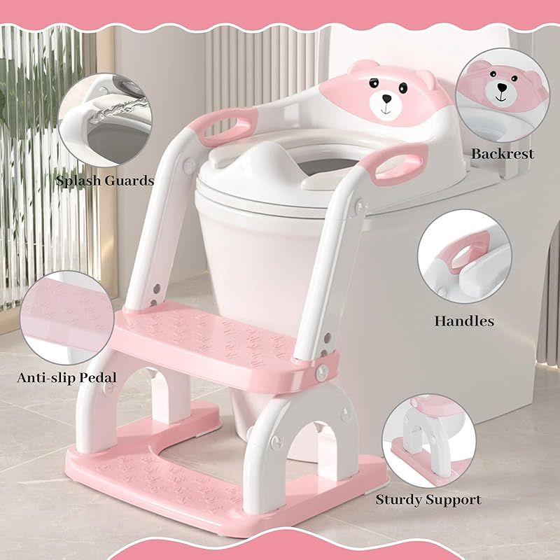 Kinder-wc-sitzverkleinerer, Faltbarer Wc-sitzverkleinerer Mit Stufen, 2-in-1-kinder-wc-erhöhung, Höhenverstellbar Und Tragbar, Geeignet Für V-, U- Und O-förmige Toiletten (rosa)