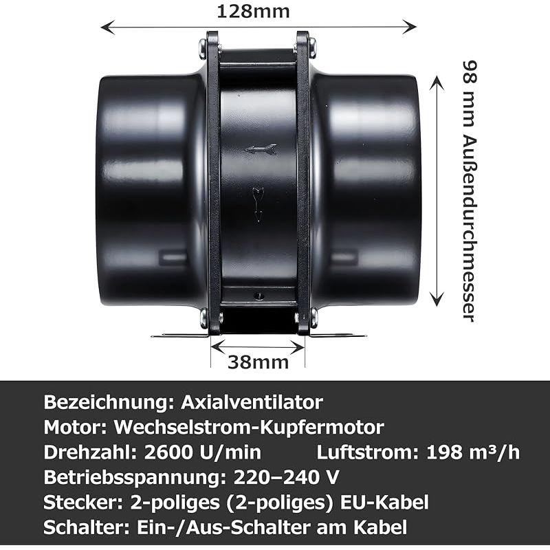 100-mm-axiallüfter Für Badezimmer Mit Schalter, Geeignet Für Büro, Badezimmer, Küche Und Hydrokultur