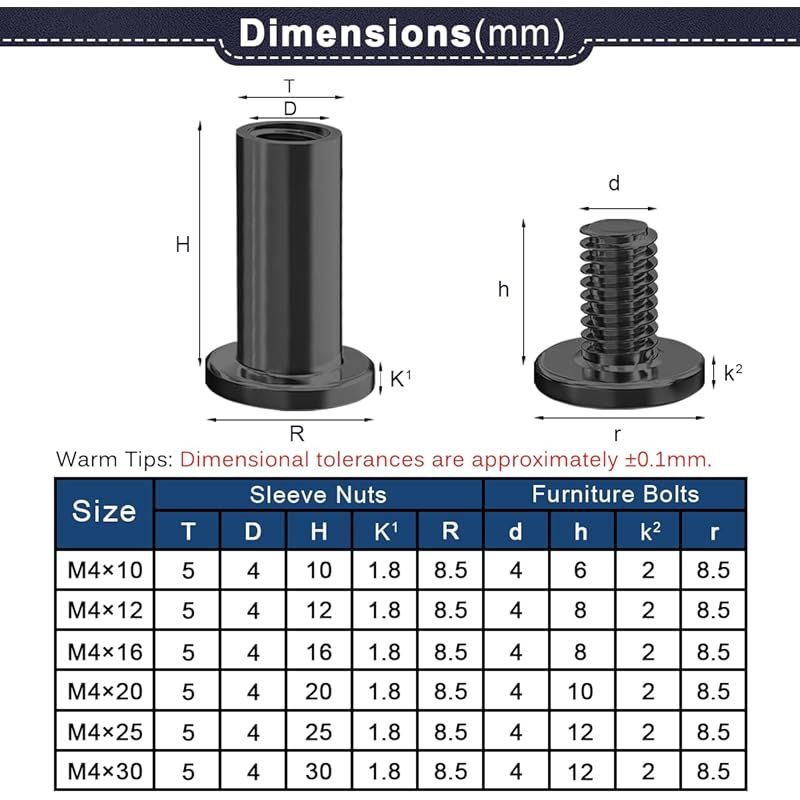 M4-verbindungsschrauben, Schwarzer Edelstahl A2 V2a, Für Möbel, M4x25mm Innensechskantmuttern (10 Stück)