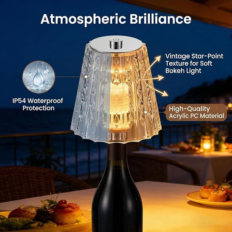 Kabellose, Per Usb Aufladbare Flaschenlampe – Klarer Kristallschirm, 3 Touch-farben Mit Stufenloser Dimmfunktion – Innendekoration Für Bar, Küche, Wohnzimmer Und Abendstimmung