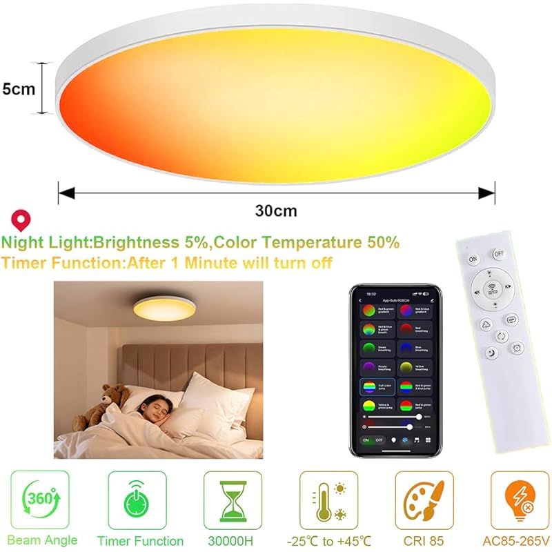 Rgbic Led-deckenleuchte, 30 Cm Runde Smart-deckenleuchte, 24 W 2700-6500 K Dimmbare Deckenleuchte Mit Fernbedienung Und App-steuerung, Für Schlafzimmer, Wohnzimmer, Flure, Küchen