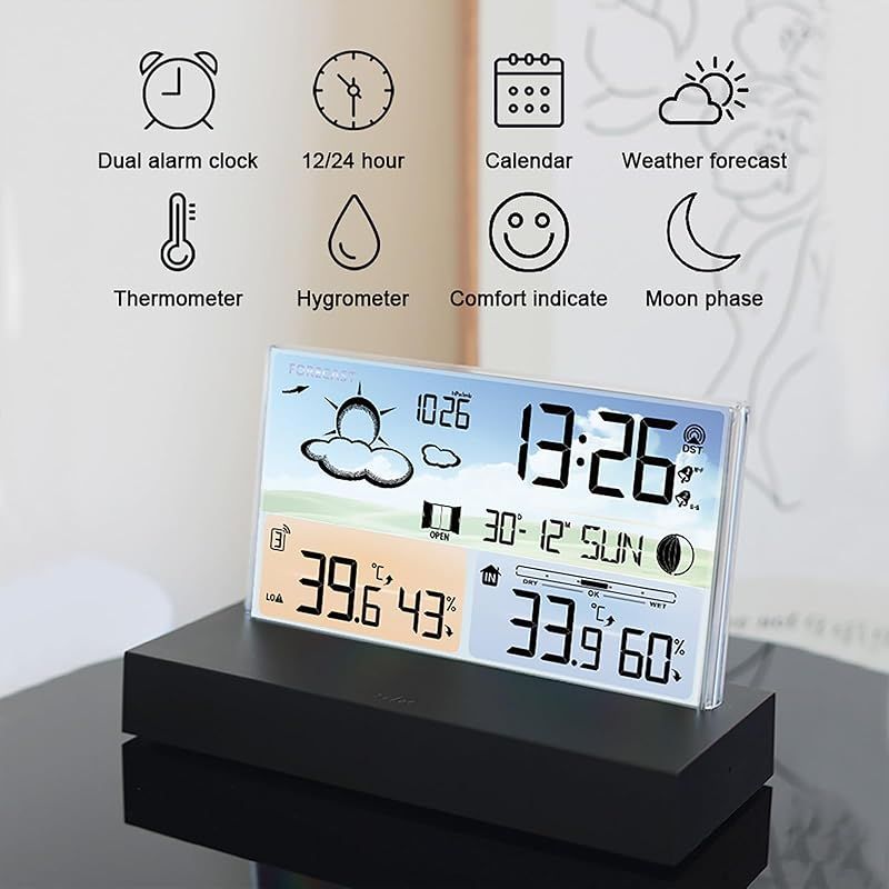 Kabellose Wetterstation Für Den Außenbereich Mit Lcd-bildschirm, Digitale Wetterstation Mit Doppelalarm/datum/uhrzeit/temperatur/luftfeuchtigkeit/warnung/barometer/wettervorhersage Für Zuhause