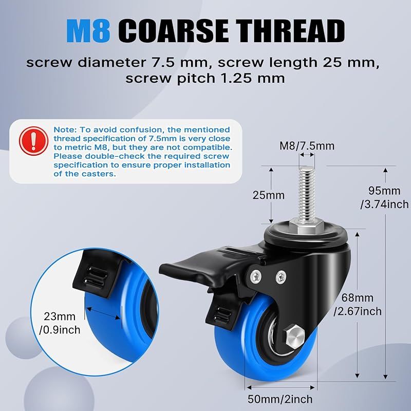 50-mm-möbelrolle Mit M8 X 1,25 X 25 Mm Gewindeschaft, Geräuscharme Wäscheleinenrollen Mit 270 Kg Tragkraft, 360°-schwenkrollen Mit Bremse Für Möbel, Grills, Transportwagen Und Andere Transportmittel