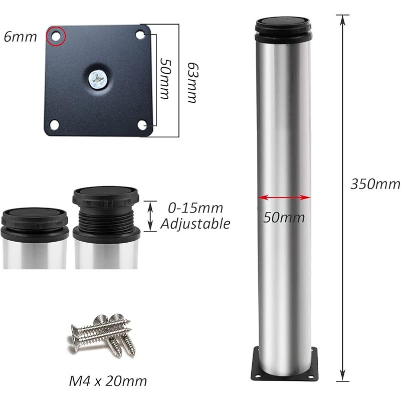 Verstellbare Füße, 350 Mm Höhe, Verdickte Schrankfüße, Tischfüße, Möbelfüße, Gebürsteter Edelstahl, Höhenverstellbar 0-15 Mm, Inklusive Edelstahlschrauben