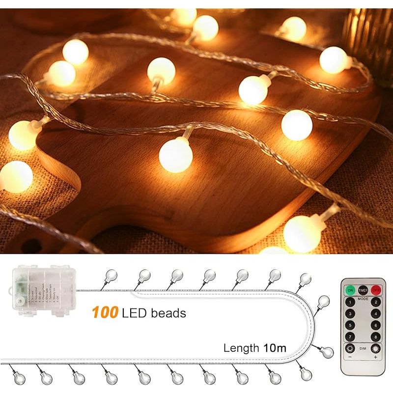 Lichterkette Für Den Außenbereich, 10 M, 100 Leds, Batteriebetrieben, Ip44 Wasserdicht, 8 Modi Mit Fernbedienung, Ideal Für Balkon, Schlafzimmer, Hochzeiten, Weihnachtsdekoration (warmweiß)