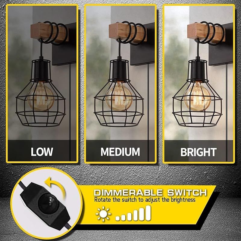 Vintage-wandleuchte Aus Holz Für Den Innenbereich, E27-retro-wandlampe, Dimmbar, Mit Stecker Und Schalter, Nachttischlampe Im Industrie-metallkäfig-design Für Schlafzimmer, Wohnzimmer, Treppenhaus, Sc