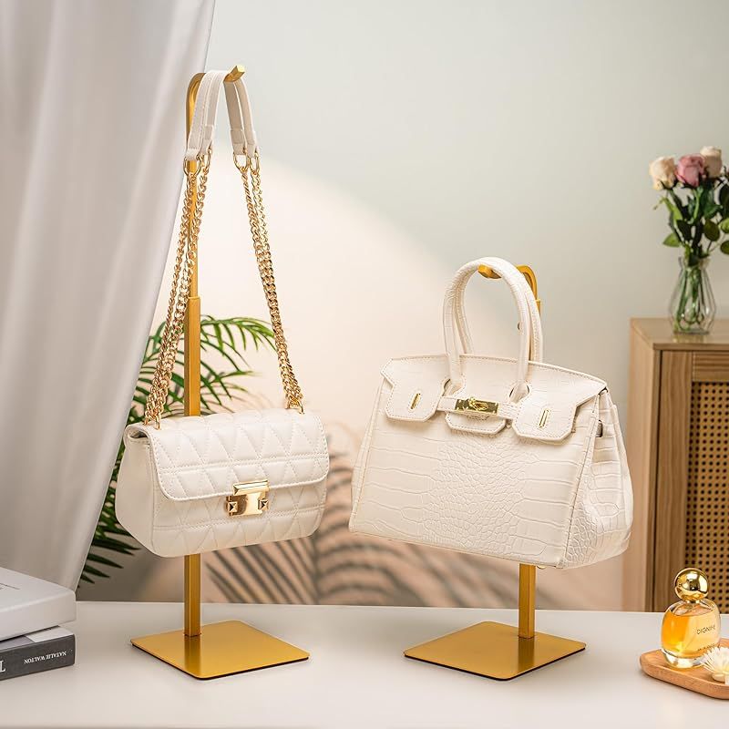 Set Aus 2 Handtaschen-präsentationsständern: Goldfarbener Ständer Für Taschen, Geldbörsen Und Kränze Verstellbarer Haken Für Tisch, Schrank Und Einzelhandel.