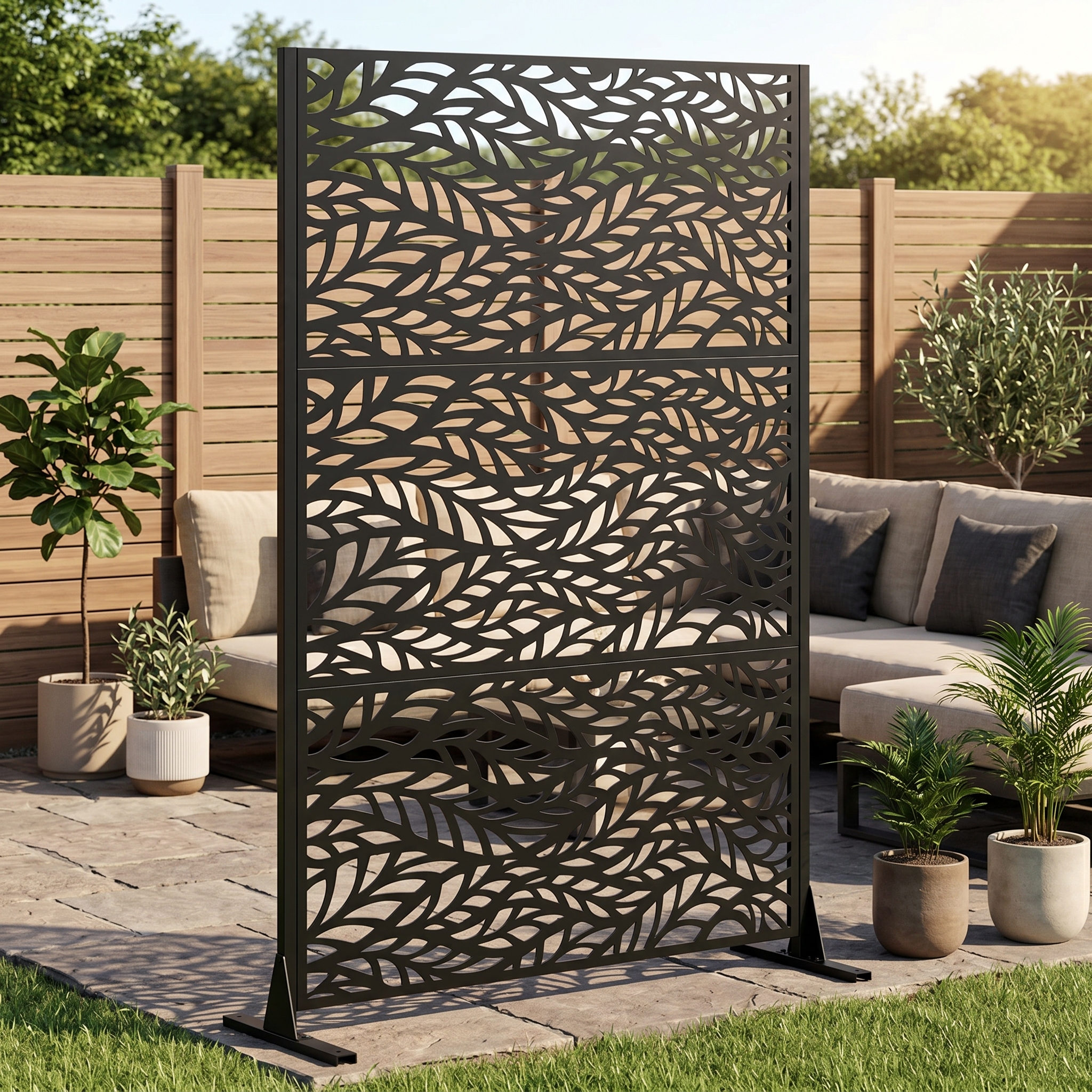 Metal Privacy Screen For Outdoor Freestanding, 183 X 116cm Decorative Metal Fence Panels With Stable Base, Portable Divider Screens For Patio, Deck, Balcony, Backyard, Garden