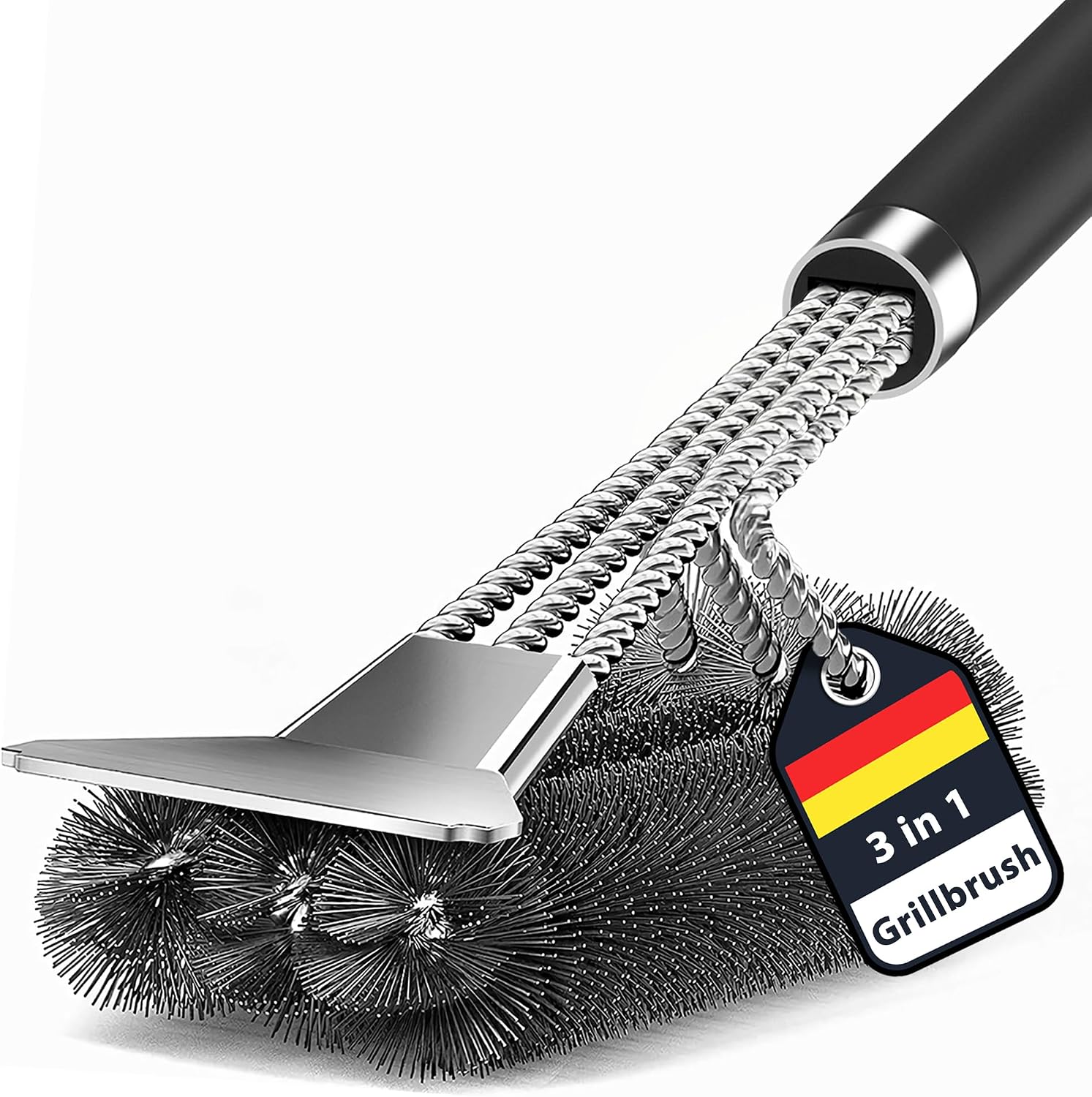 Fliti Grillbürste, 3-in-1 Grillbürste Mit Langstieliger Reinigungsbürste Und Rasierklinge, Grillzubehör Aus Edelstahl, Reinigt Grillroste Rundum, Küchenutensil