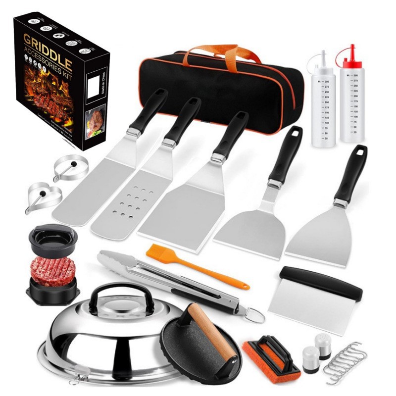 Fliti 27-teiliges Plancha-spatel-zubehör Für Herren, Teppanyaki-grill-edelstahl-bbq-besteckset, Hibachi-smasher-burger-geschenkset Mit Hamburgerpresse, Kochkuppel Für Blackstone