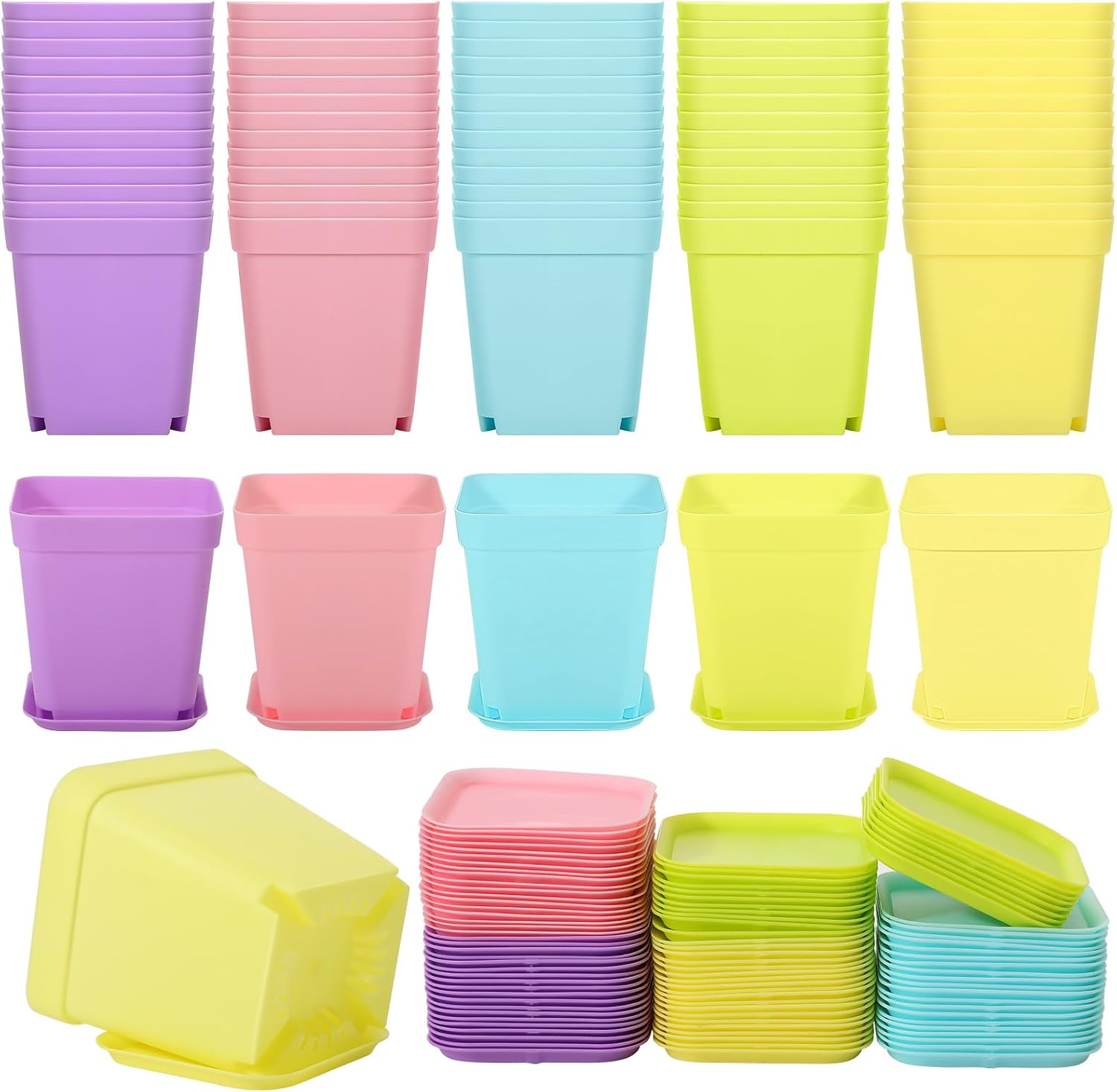 Fliti 100-teiliges Set Bunter, Quadratischer 7,6 Cm Kunststoff-blumentöpfe Mit Untersetzern Für Garten, Innen- Und Außenbereich, Zuhause, Büro Und Balkon