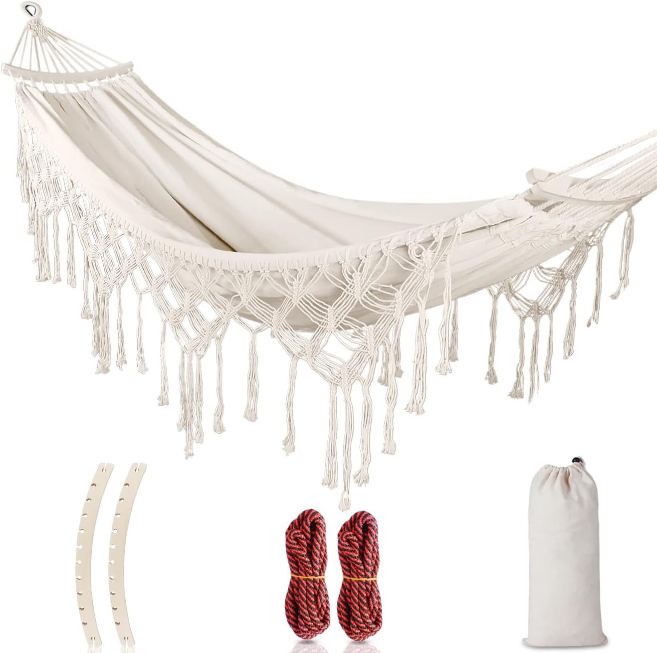 Fliti Bohemian Outdoor-hängematte, Hängematte Mit Fransen Und Kippschutzstange Aus Holz Für Garten, Camping, Terrasse Und Patio