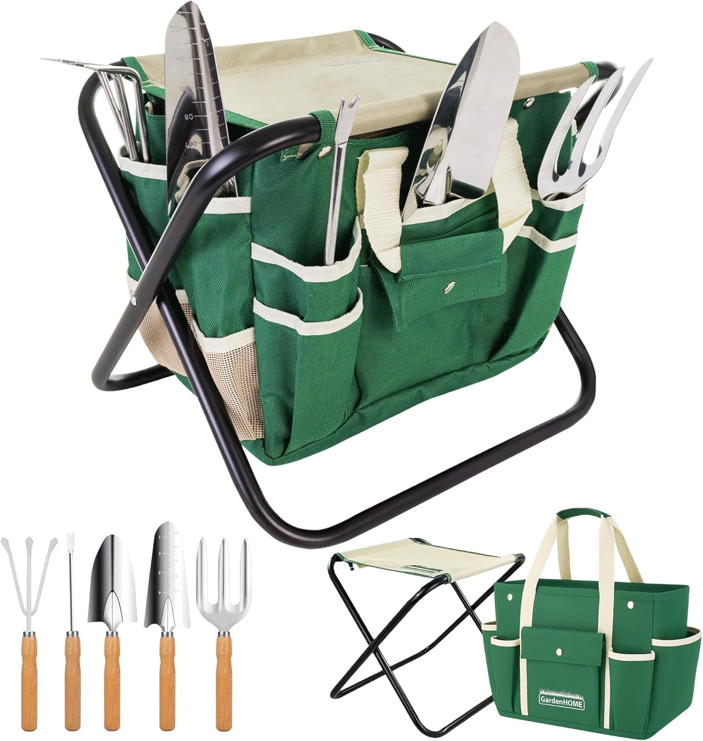 Fliti Komplettes Gartengeräte-set – 7-teilig, Robuster Edelstahl, Stabiler Klapphocker, Abnehmbare Werkzeugtasche