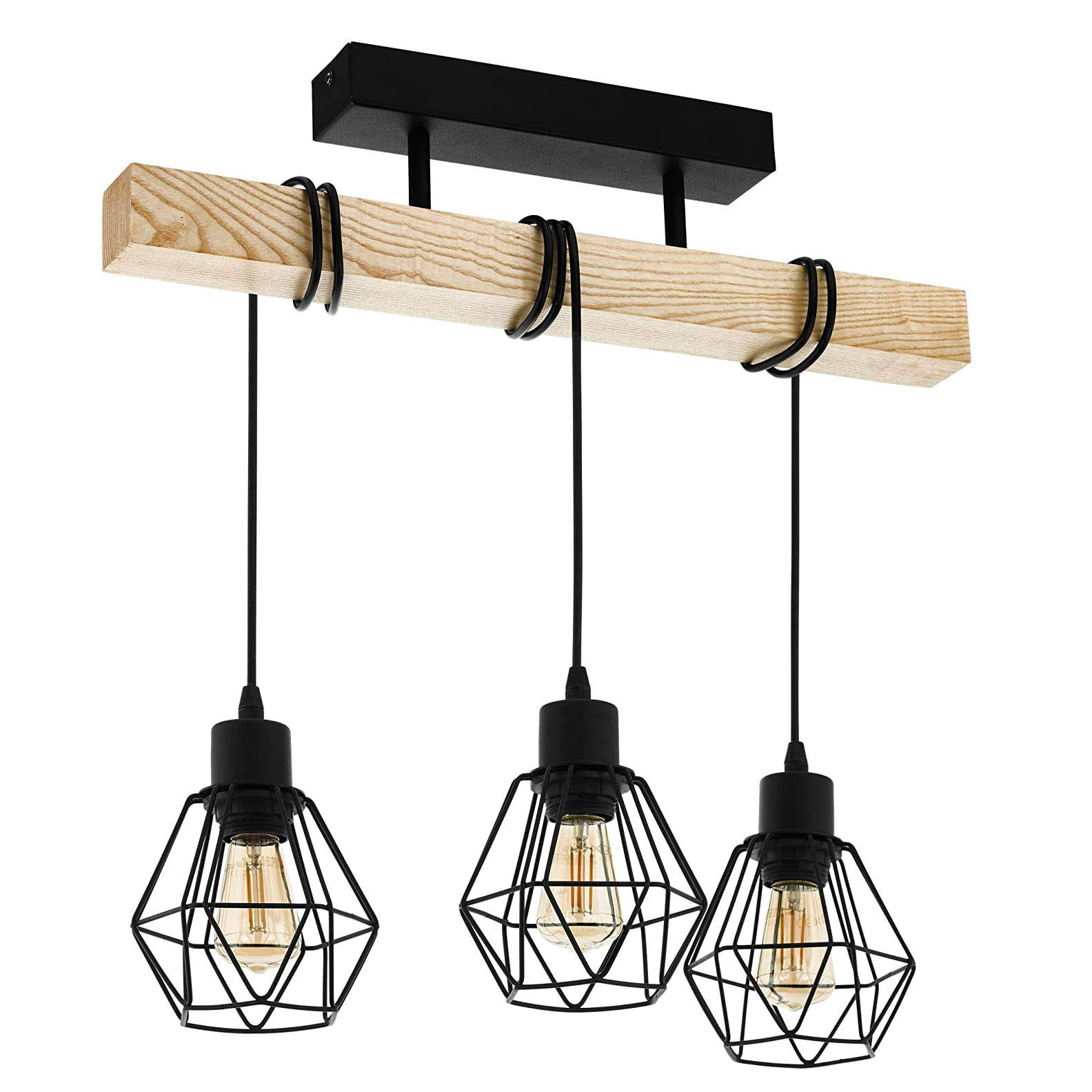 Fliti Townshend 5 Pendelleuchte, 3-flammiger Kronleuchter, Hängeschirme Im Vintage- Und Industriedesign, Retro-beleuchtung Aus Schwarzem Stahl Und Holz, Fsc-zertifiziert, E27-fassung
