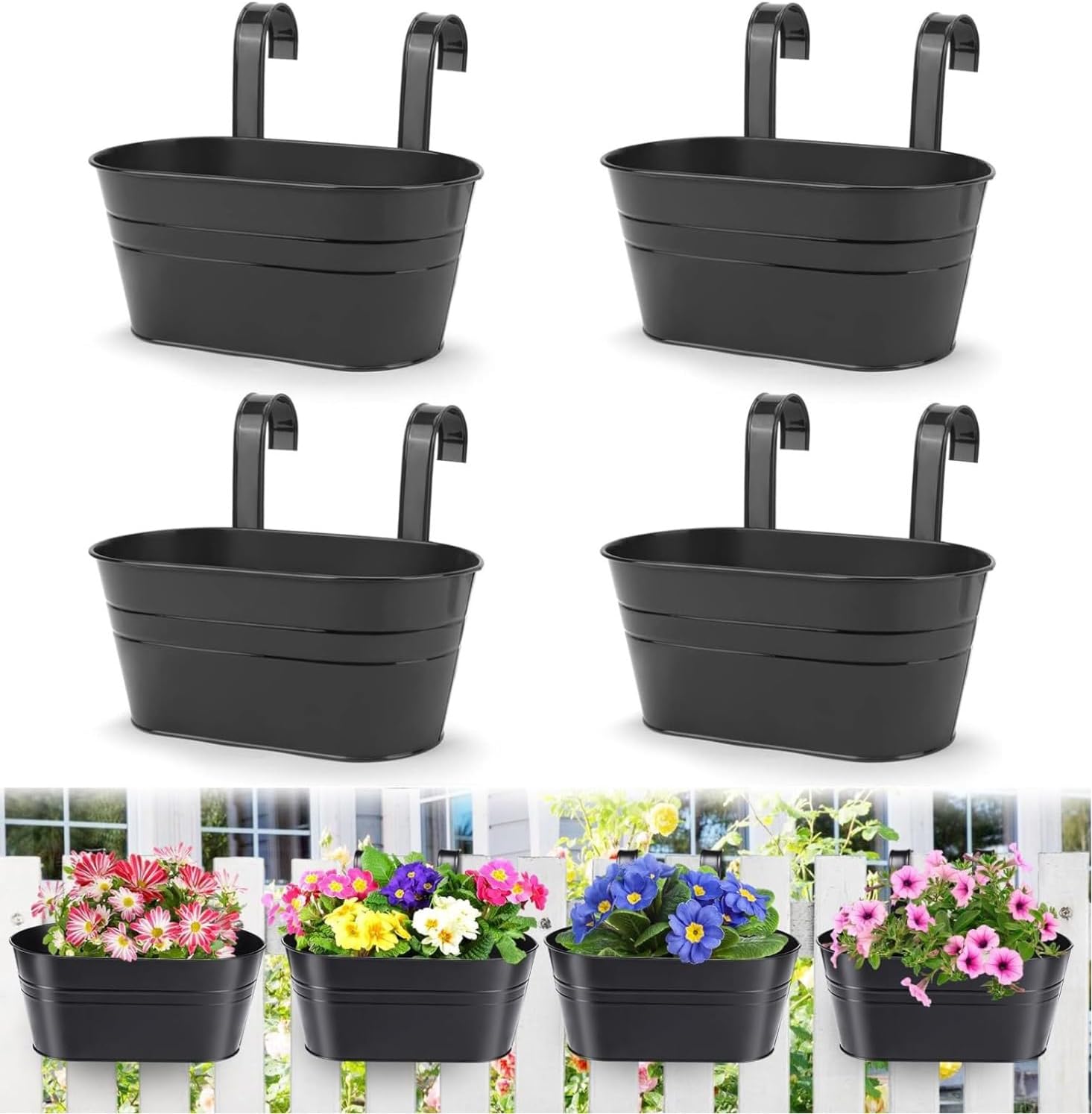 Fliti 4er-set Metall-hängeblumentöpfe, 27,5 Cm Große Pflanztöpfe, Hängeblumenkübel Mit Abnehmbarem Haken Für Balkon, Zaun, Garten, Heimdekoration (schwarz)