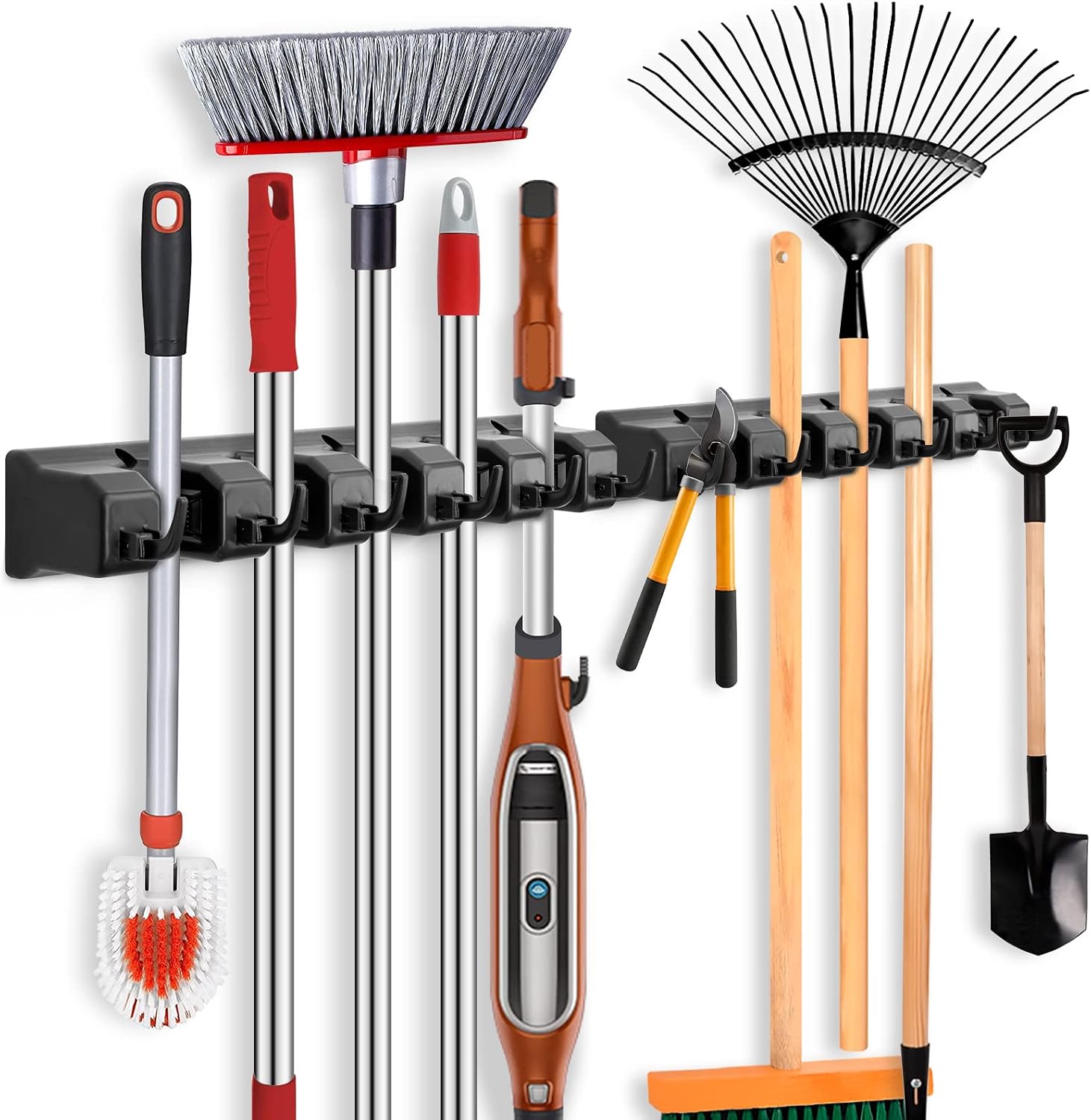Fliti 2-teiliger Wandbesenhalter, Wandbesenständer Mit 10 Schlitzen Und 12 Haken, Wandbesenhalter Zur Aufbewahrung Für Waschküche, Garten Und Garage