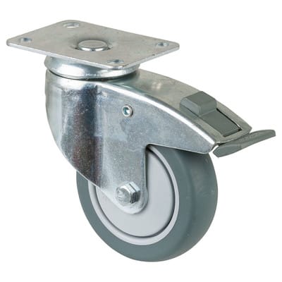 Lenkrolle m.Festst.D.100mm Trgf.80kg m.Platte Kugell.Gum.grau Bs Rollen