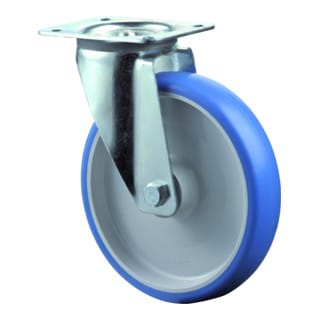 Lenkrolle Rad-Ø 80 mm Tragfähigkeit 100 kg Polyurethan Platte L104xB80 mm Farbe Rolle blau