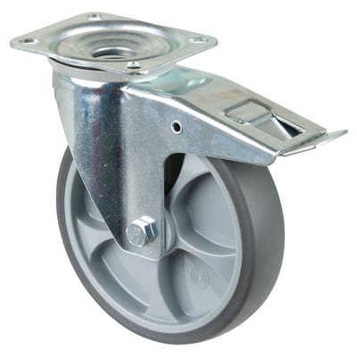 Bs Rollen - Transportrolle, Lenkrolle mit Totalfeststeller, Rad-Ø 200 mm, Tragf. 220 kg, Gummi , Bauhöhe 235 mm, Rollenlager