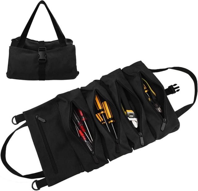 Werkzeugtasche, kompakte aufrollbare Werkzeugtasche mit 5 Reißverschlusstaschen, Schlüsseltasche, Werkzeug-Organizer-Eimer aus gewachstem Canvas
