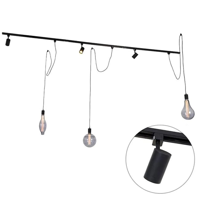 Modernes Schienensystem mit 3 Strahlern und 3 Pendelleuchten schwarz 1-phasig - Iconic Cavalux Jeana