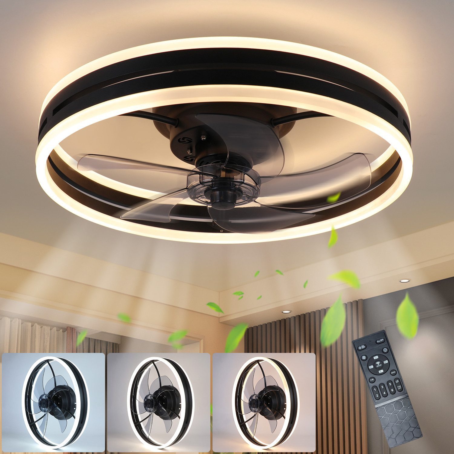 Gbly Deckenleuchte Ventilator Leise Timer & Fernbedienung 33w 50cm Ideal Für Wohnzimmer Schlafzimmer Kinderzimmer