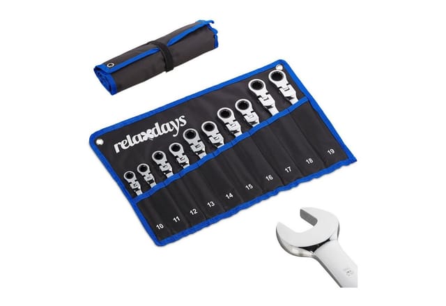 Schraubenschlüssel Set 10-teilig, Maul- & Ringschlüssel mit Ratsche & Gelenk, 10-19 mm, mit Tasche, schwarz - Relaxdays