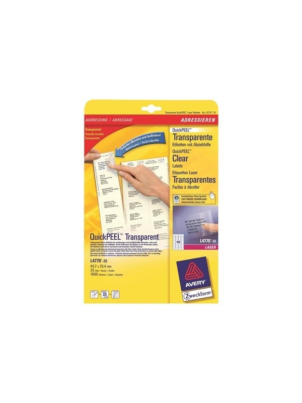 Adressetikett QuickPEELT 45,7 x 25,4 mm (B x H) Polyester transparent 1.000 Etik./Pack.