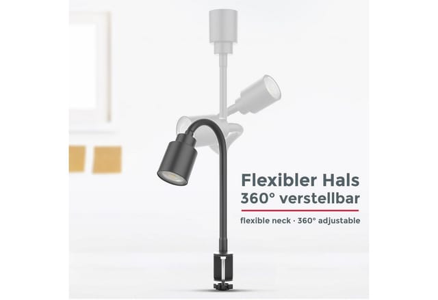 Klemmlampe - 5W, 400lm, led, mit Stecker, dimmbar, Schwanenhals, warmweiß, schwarz