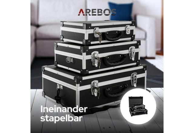 Arebos - 3er Set Transportkoffer 50 Gesamtvolumen abschliessbar mit Tragegurt und Schloss universal als Transportbox geeignet Werkzeugbox