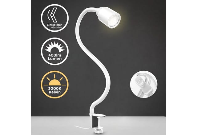 Klemmlampe - 5W, 400lm, LED, mit Stecker, dimmbar, Schwanenhals, warmweiß, weiß