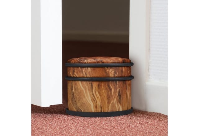 Relaxdays - Türstopper, für schwere Türen & Fenster, Edelstahl & Gummi, Holzoptik, hoher Bodenpuffer, ∅ 9,5cm, dunkelbraun