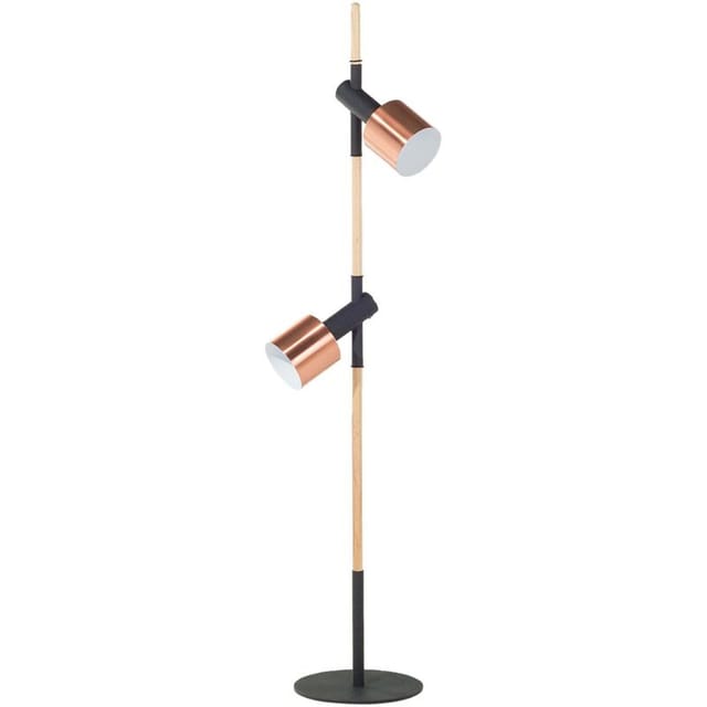 Stehlampe Schwarz/Kupfer Metall 125 cm 2-flammig mit Holzgestell höhenverstellbaren Schirmen und 2 Schaltern langes Kabel Industrie Look