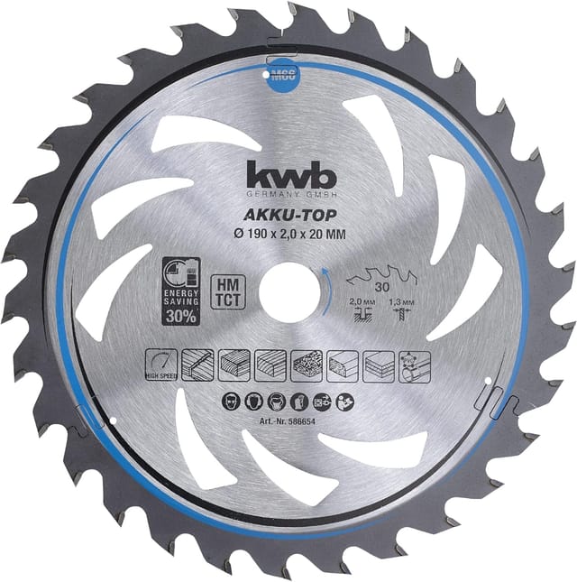 kwb Kreissägeblatt 190 x 20 mm, leichtgängig, speziell für Akkumaschinen, Sägeblatt geeignet für Weich- und Hartholz, Tischlerplatten und Spanplatten