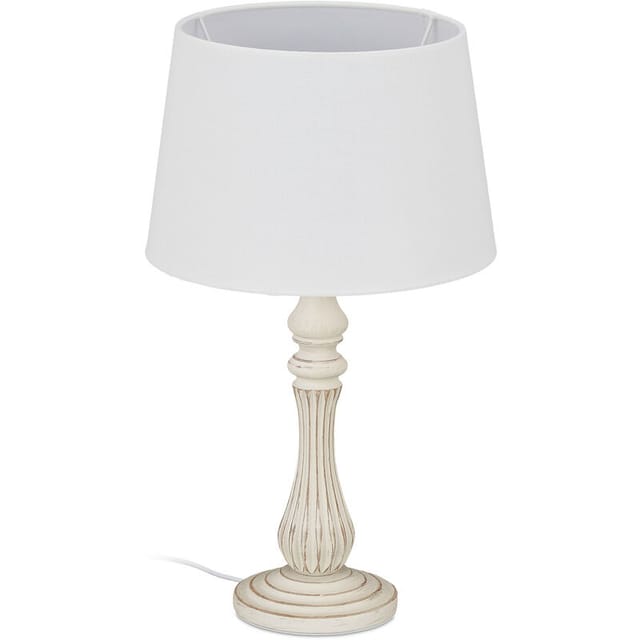 Tischlampe Landhausstil, E14 Fassung, Stoff & Holz, Wohn- & Schlafzimmer, Nachttischlampe, HxD: 47x27 cm, weiß - Relaxdays