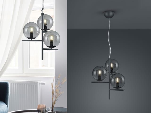 Trio - Pendelleuchte pure Schwarz mit Glaskugeln aus Rauchglas 3-flammig, ø 40cm
