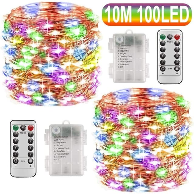 2 X 10 M Led-lichterkette Mit Batterie, 100 Leds, Timerfunktion Mit Fernbedienung, Ip65 Wasserdicht, Innen- Und Außendekoration Für Weihnachten, Hochzeit, Haus Und Garten – Mehrfarbig – Rw