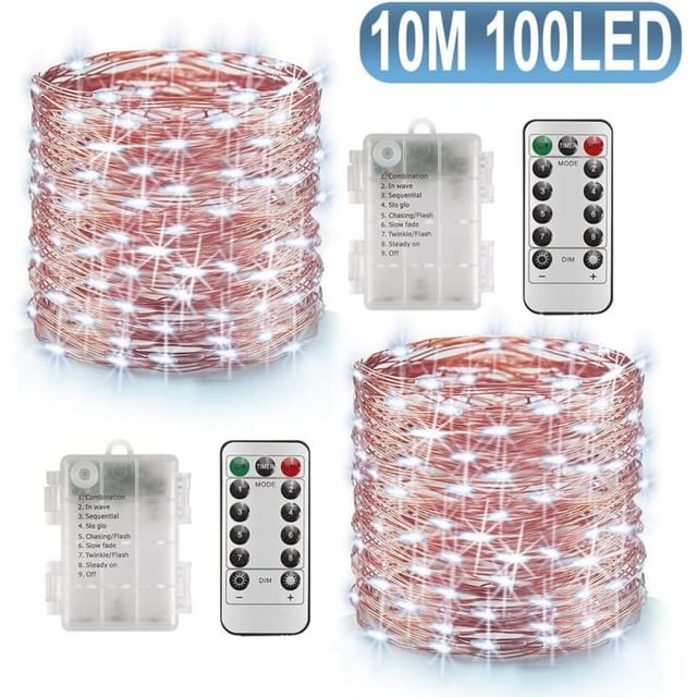 X 10 m LED-Lichterkette mit 100 LEDs, Batterie-Timerfunktion, mit Fernbedienung, IP65 wasserdicht, Innen- und Außendekoration für Weihnachten,