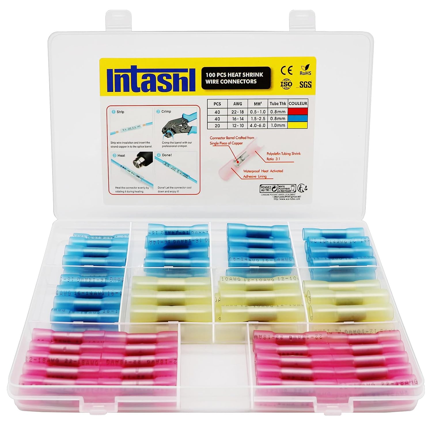Fliti 100-teiliges Schrumpfschlauch-verbinder-set – Wasserdichte, Isolierte Elektrische Klemmen, Crimpverbinder Für Kfz- Und Schiffsverkabelung – Awg 22–10 Rot/blau/gelb