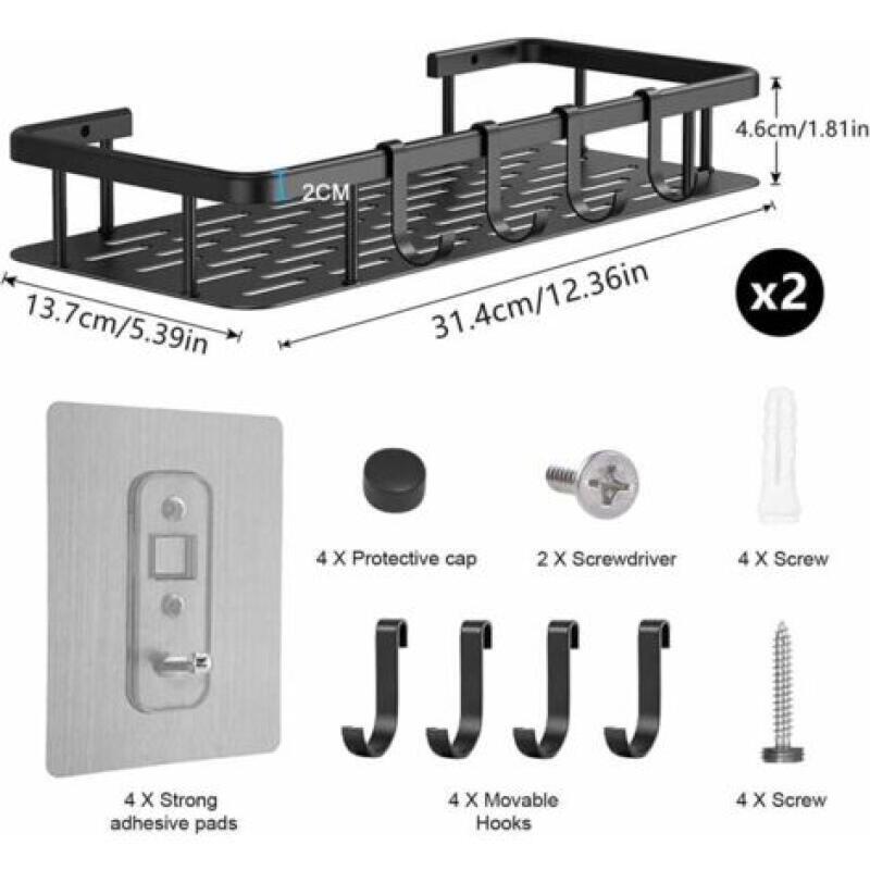 Fliti Duschablage Aus Eloxiertem Aluminium, 20 Kg Tragkraft, Mit 4 Handtuchhaken, Geeignet Für Glas, Fliesen Und Marmor (bohrfrei).