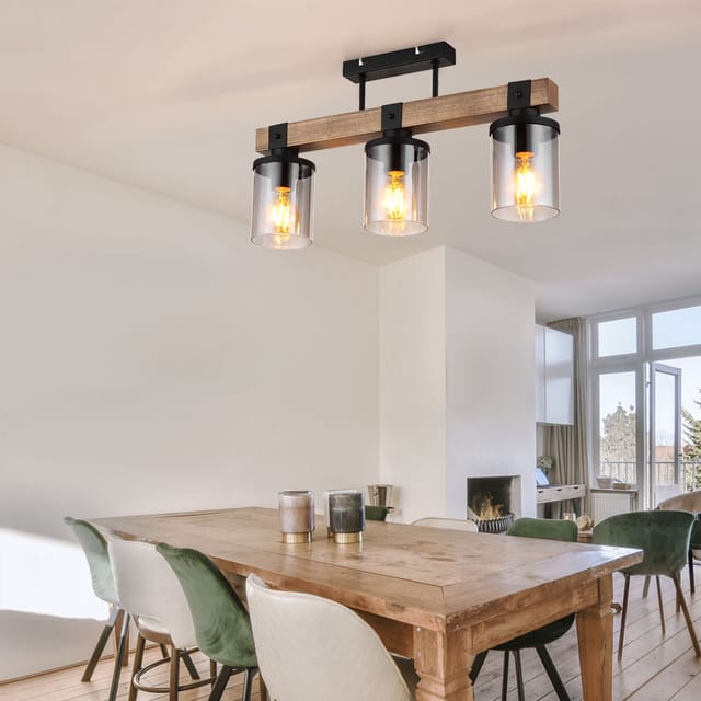 Deckenlampe Deckenleuchte Holzlampe Esszimmerleuchte Wohnzimmer, 3 flammig, Landhaus Holzoptik braun Rauchglas schwarz, 3x E27 Fassungen, LxBxH