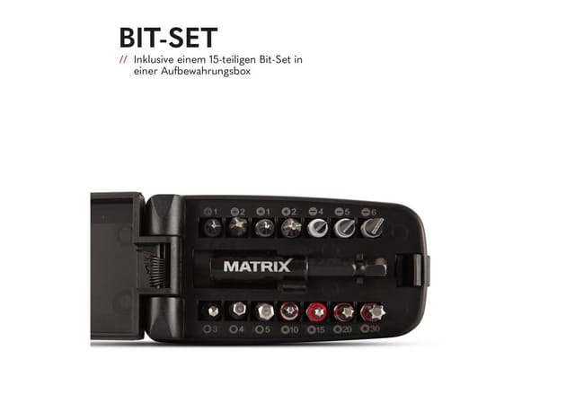 Matrix Akkuschrauber 4 Volt inkl. Li-Ion 2,0 Ah Akku, Ladegerät + Bitset 14 tlg.