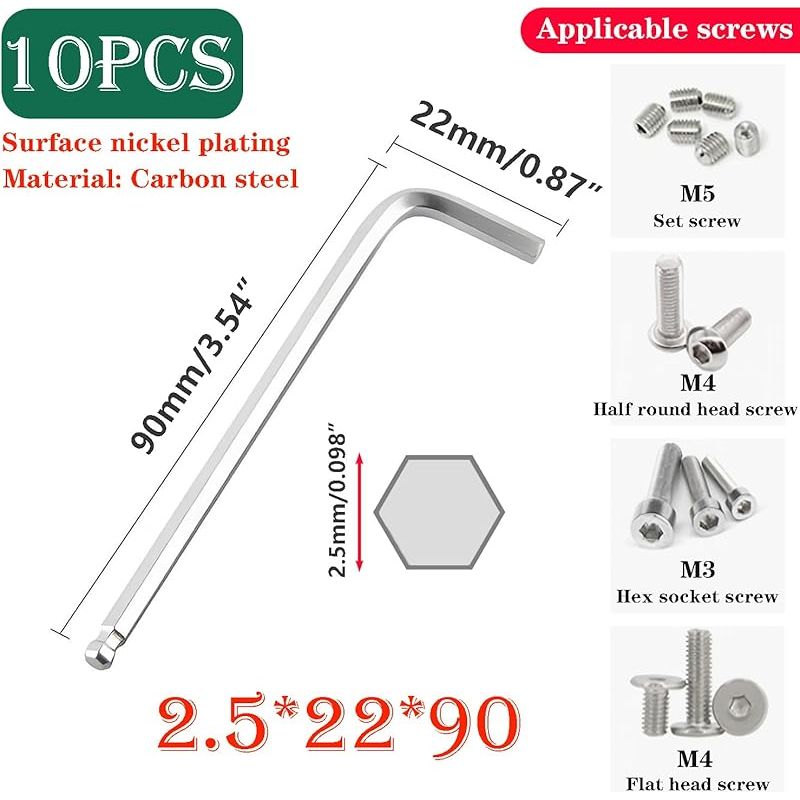 10 Stück 2,5-mm-kugelkopf-innensechskantschlüssel, Langer L-förmiger Arm, Inbusschlüssel Für Heimwerker- Und Maschinenreparaturen