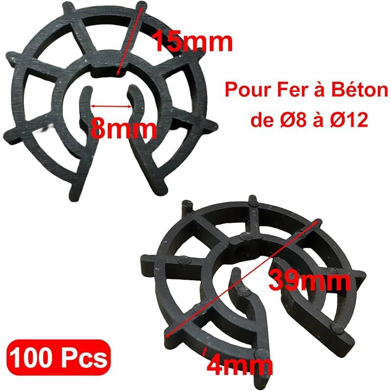 Packung Mit 100 Bewehrungsabstandshaltern Für 8 Bis 12 Mm Durchmesser Bewehrungsstahl, 15 Mm Betondeckung, Für Vertikale Befestigung, Stahlbetonplattenbewehrung, Zum Einklipsen In Schalungen, Kunststo