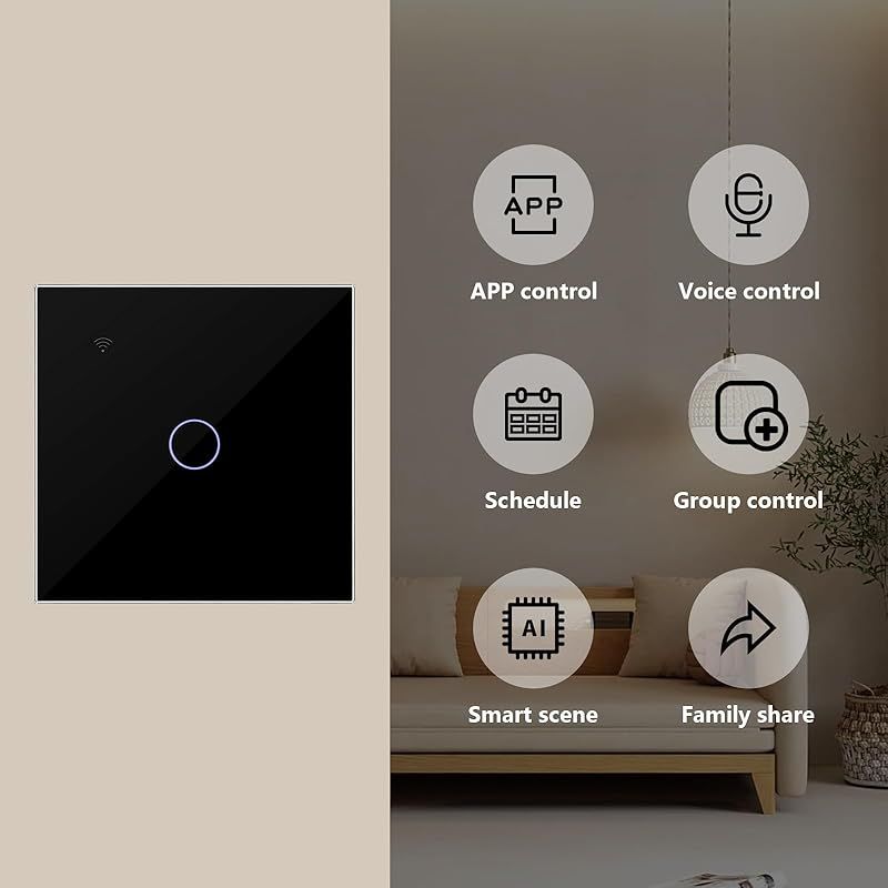 Schwarzer 1-fach-wlan-schalter, Kompatibel Mit Alexa, Touch-schalter Für Smarte Vernetzung Über Die Tuya/smart Life App, Mit Neutralleiter/nicht-neutralleiter Erhältlich