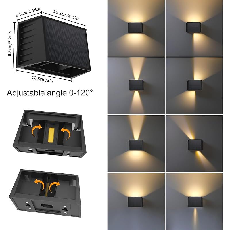 Set Mit 4 Solar-außenwandleuchten, 3000k Warmweißes Licht, Solar-wandlampen Mit Einstellbarem Abstrahlwinkel, Wasserdichte Solarleuchten Für Wände, Gärten Und Zäune