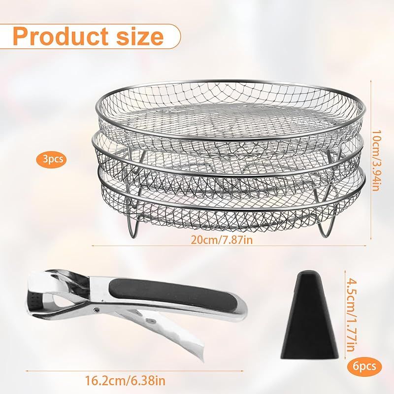 3-teiliger Stapelbarer Airfryer-rost, Runder Airfryer-grillrost, Frittierroste Mit Silikonfüßen, Verbrühungsschutzclips, 20 Cm Durchmesser, Zum Kochen