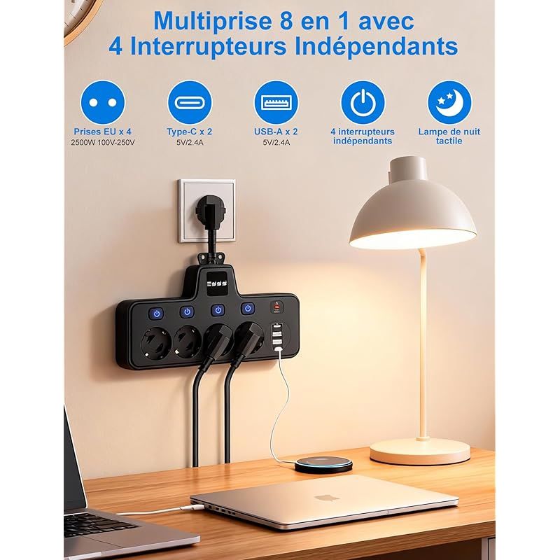 Steckdosenleiste Mit Usb, 8-in-1-adapter Mit Einzelschalter, Touch-nachtlicht, 4 Steckdosen Mit 2 Typ-c- Und 2 Usb-anschlüssen, Für Zuhause, Büro Und Reisen (schwarz)