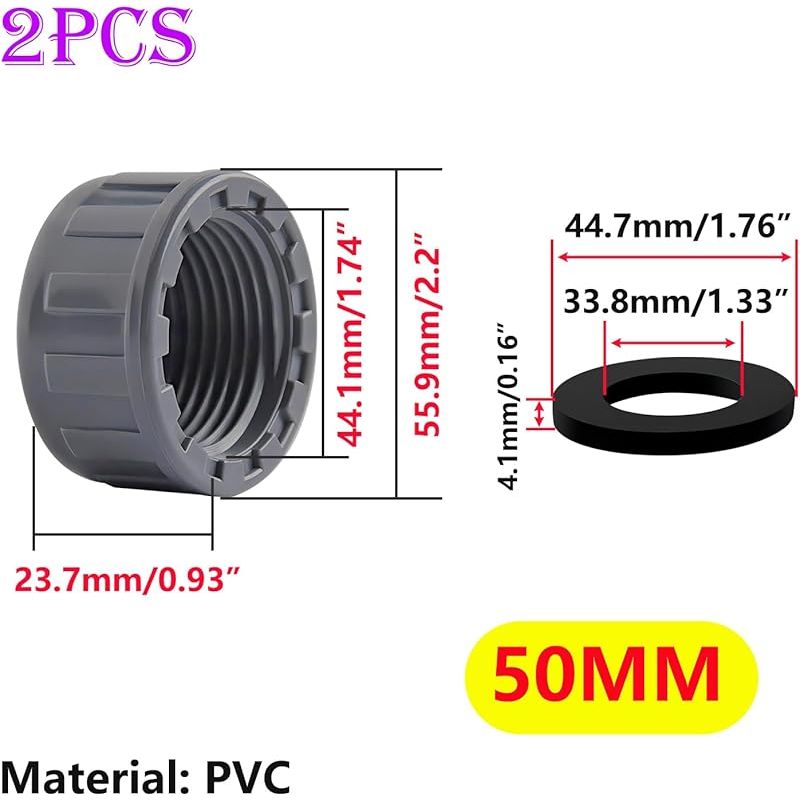 2 Stück Pvc-endkappe, 50-mm-rohrkappe, Gewindestopfen, Pvc-stopfen Für Wasserrohre, Mit Unterlegscheibe
